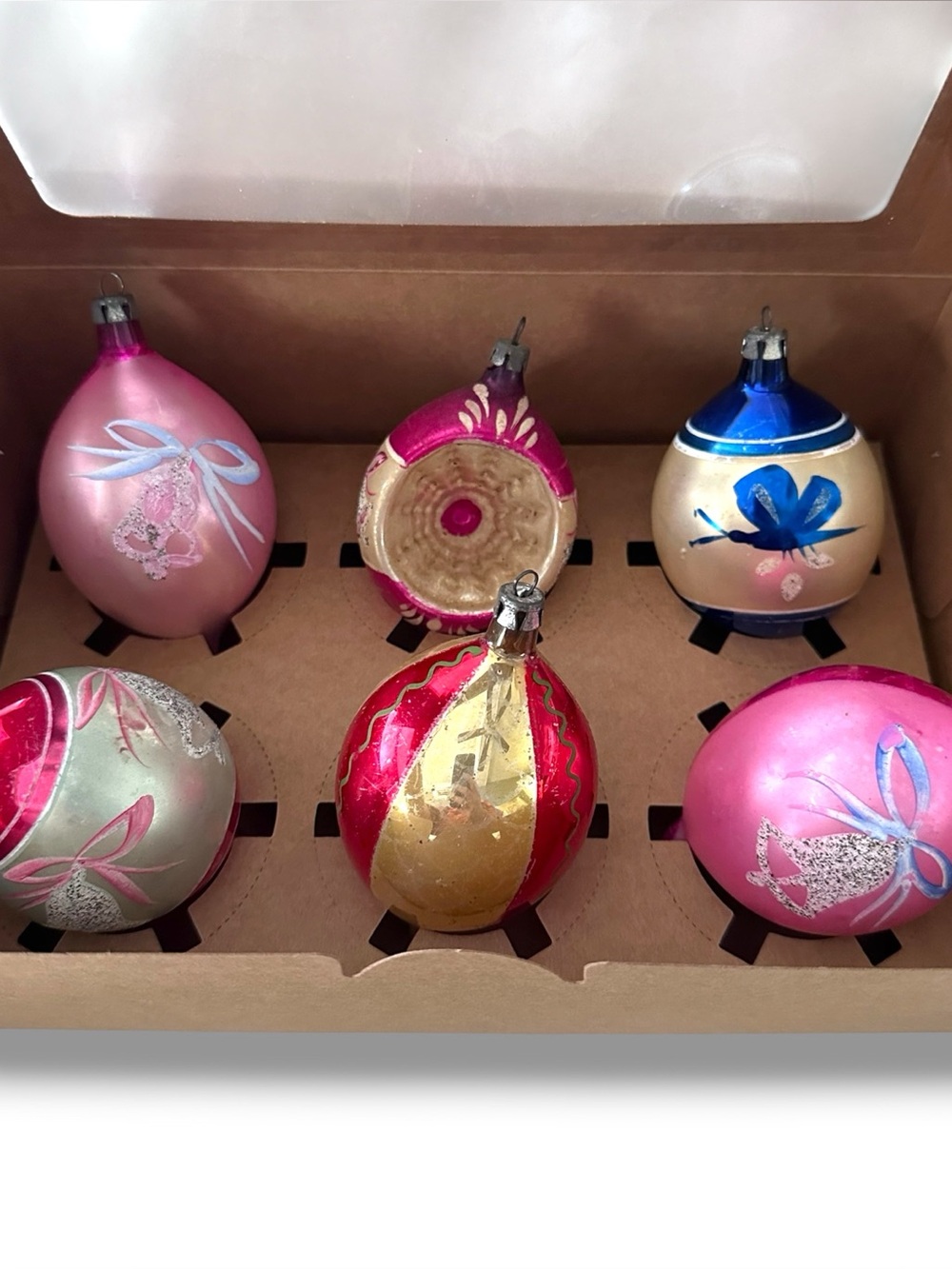 VINTAGE TEARDROP ORNAMENTS 1 INDENT BELLS BOWS BOX OF 6